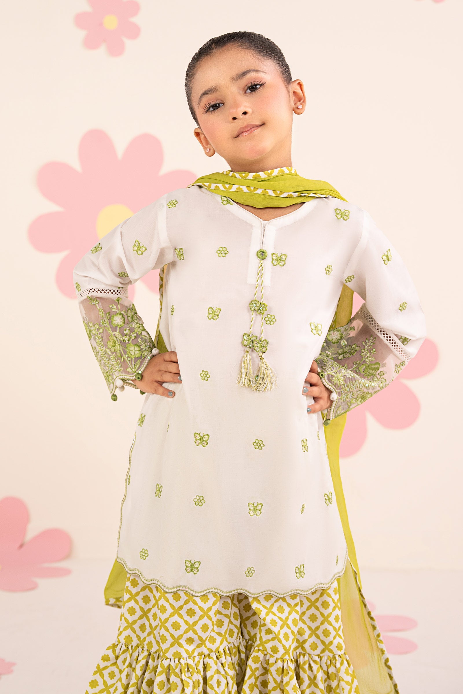 kids-clothes-mkd-ea26-14-white-and-neon-green by Maria B Kids - Designer Dress  - Type : KidsClothes - Available at Libasekhas UK - 100% Original 