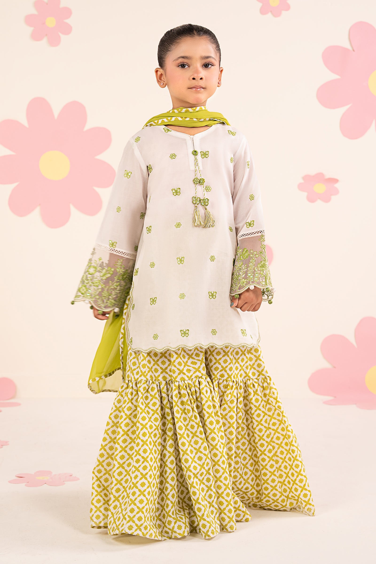 kids-clothes-mkd-ea26-14-white-and-neon-green by Maria B Kids - Designer Dress  - Type : KidsClothes - Available at Libasekhas UK - 100% Original 