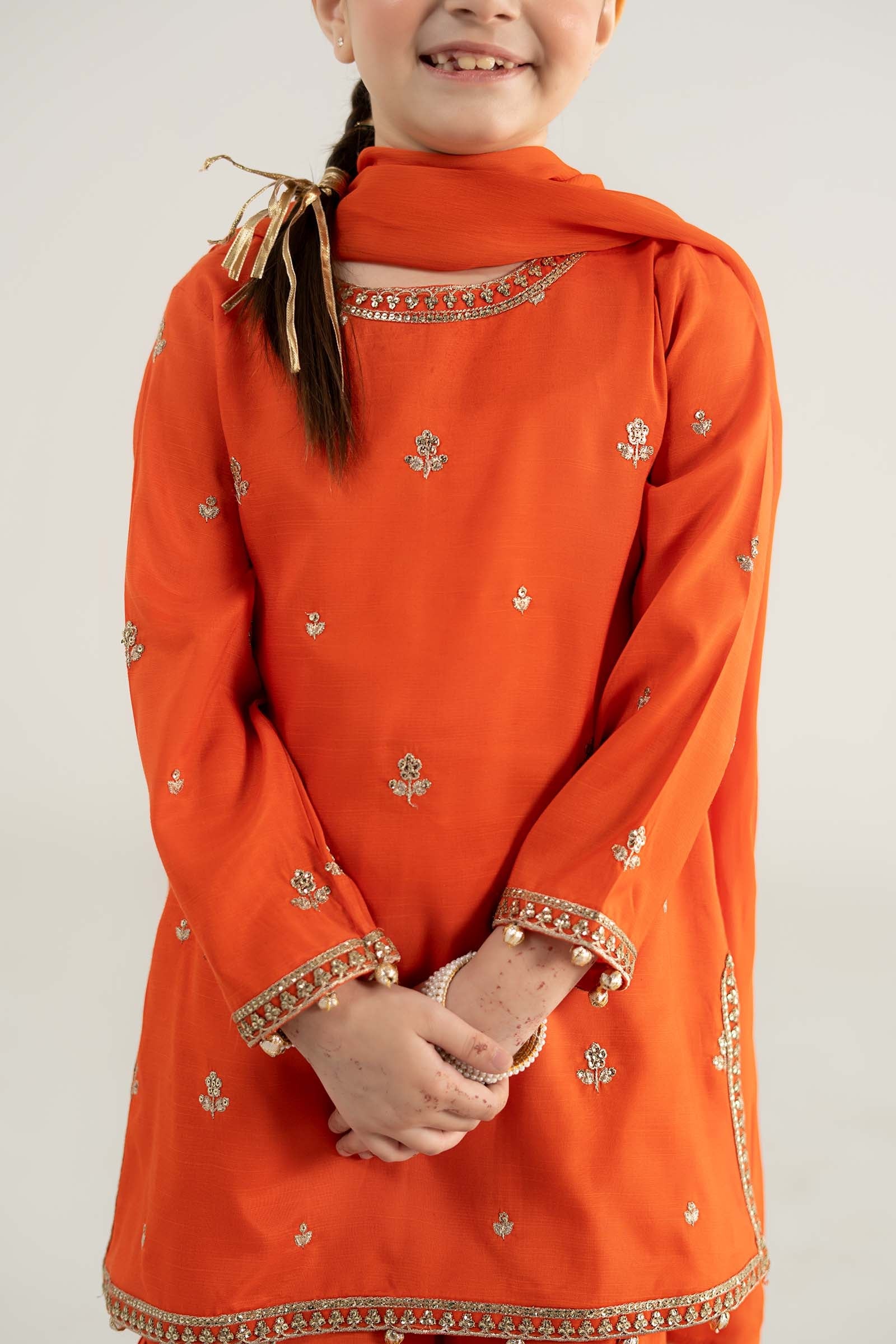3 Piece Embroidered Raw Silk Suit - Kids Clothing - available at Maria Faisal in UK and USA.