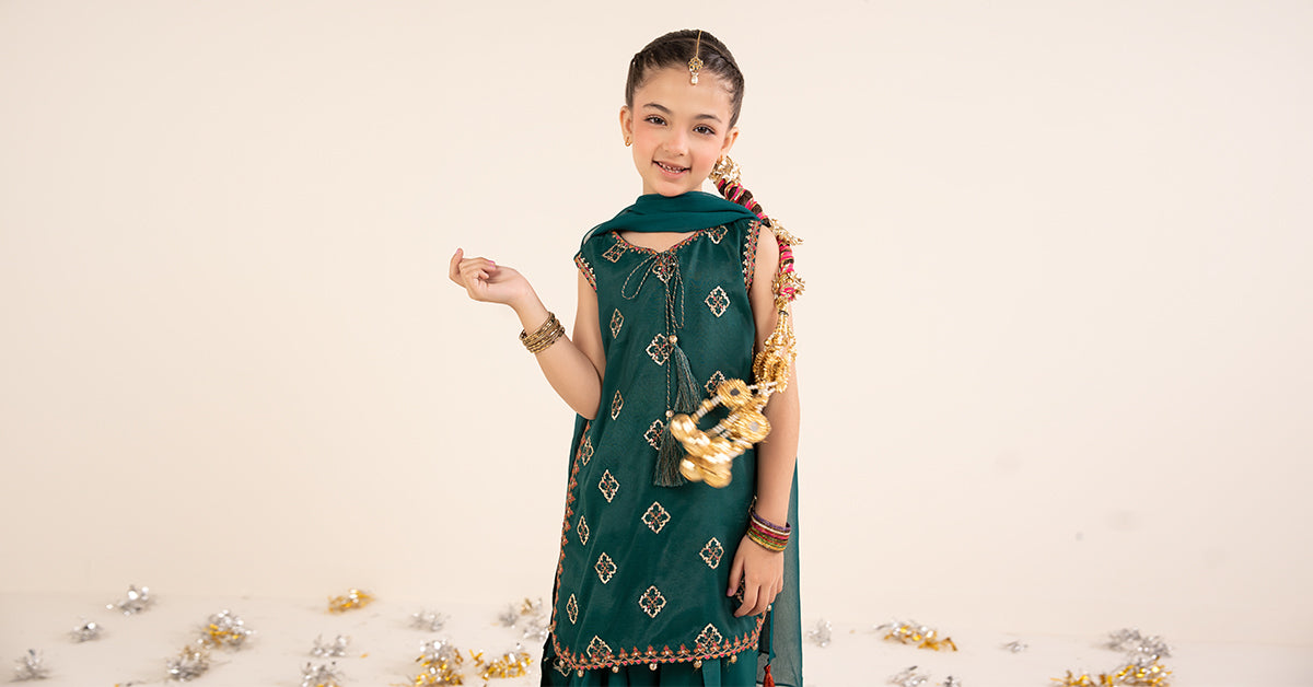 kids-clothes-mks-ef26-14-bottle-green by Maria B Kids - Designer Dress  - Type : KidsClothes - Available at Libasekhas UK - 100% Original 