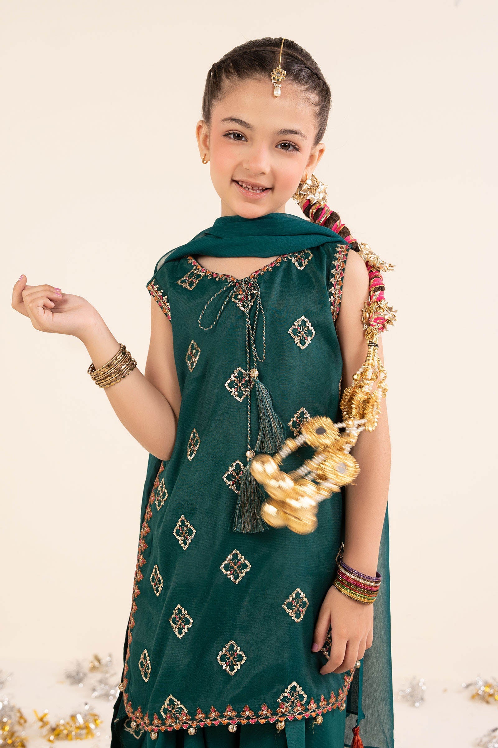 kids-clothes-mks-ef26-14-bottle-green by Maria B Kids - Designer Dress  - Type : KidsClothes - Available at Libasekhas UK - 100% Original 