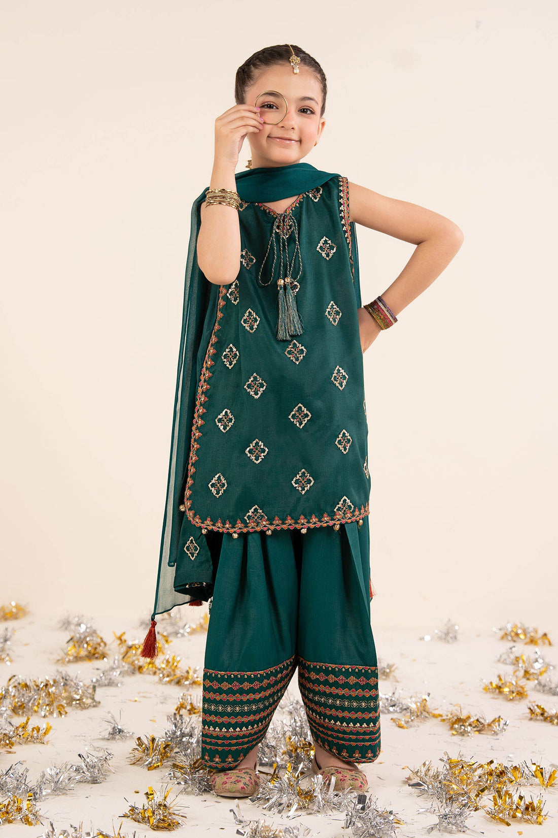 kids-clothes-mks-ef26-14-bottle-green by Maria B Kids - Designer Dress  - Type : KidsClothes - Available at Libasekhas UK - 100% Original 