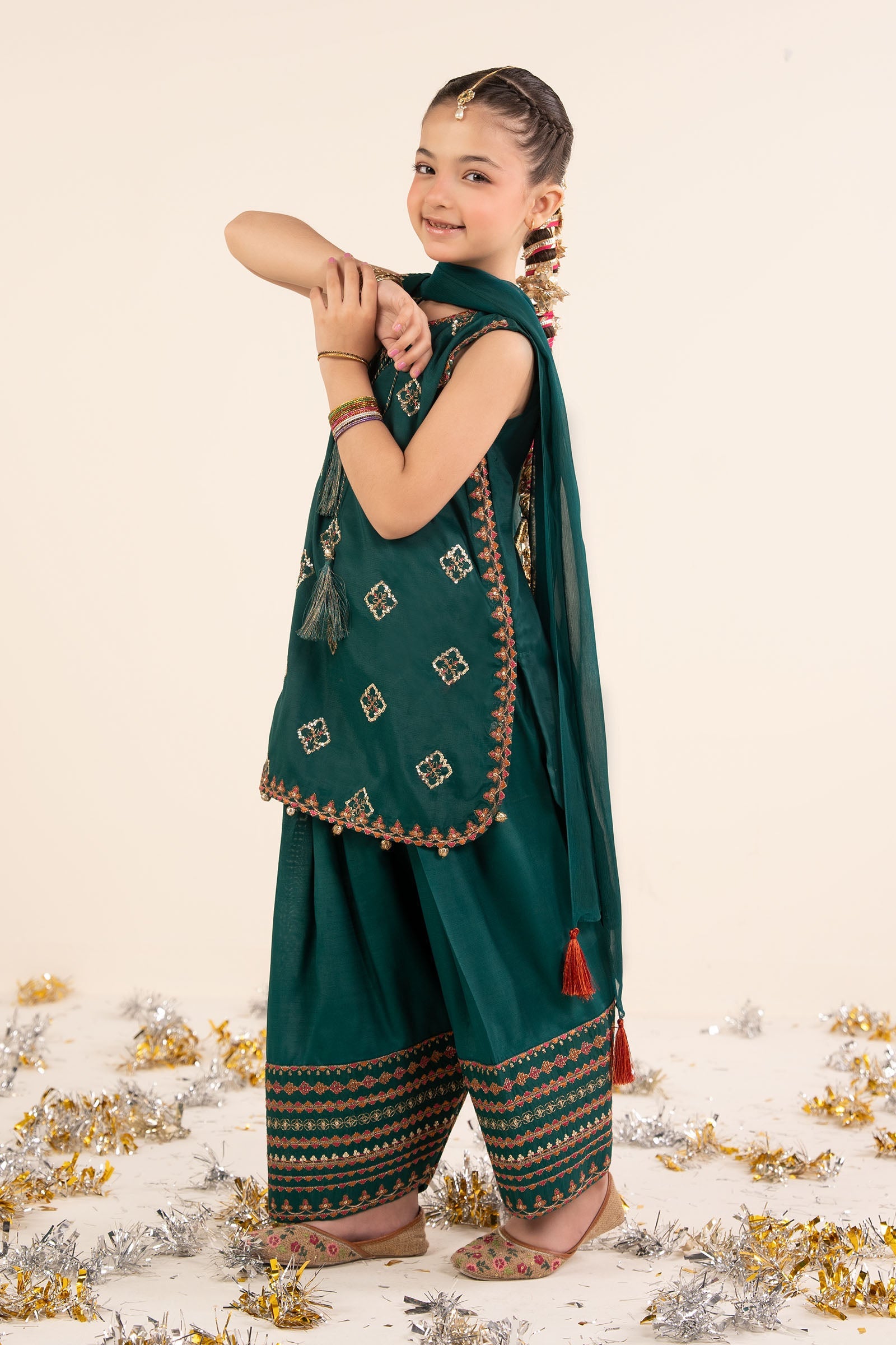 kids-clothes-mks-ef26-14-bottle-green by Maria B Kids - Designer Dress  - Type : KidsClothes - Available at Libasekhas UK - 100% Original 