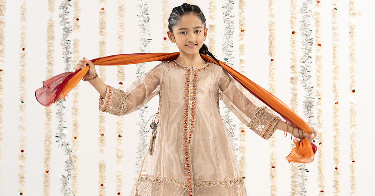 3 Piece Embroidered Zari Net Suit - Kids Clothing - available at Maria Faisal in UK and USA.