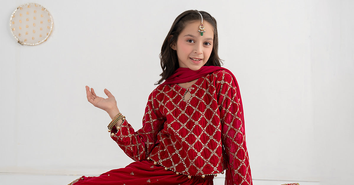 3 Piece Embroidered Velvet Suit - Kids Clothing - available at Maria Faisal in UK and USA.