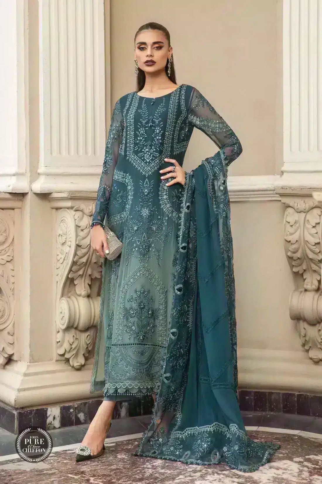 Maria B | Luxury Chiffon Collection | Teal Blue - by - Libasekhas UK - Registered Vendor of : Maria B - 100% Original Designer Dresss