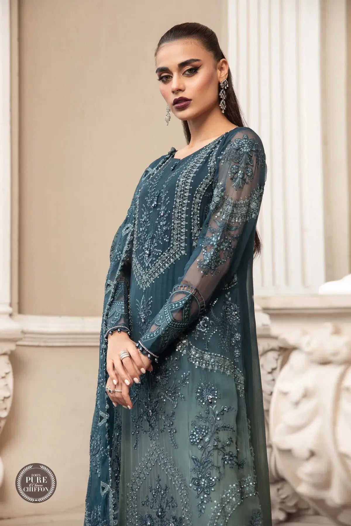Maria B | Luxury Chiffon Collection | Teal Blue - by - Libasekhas UK - Registered Vendor of : Maria B - 100% Original Designer Dresss