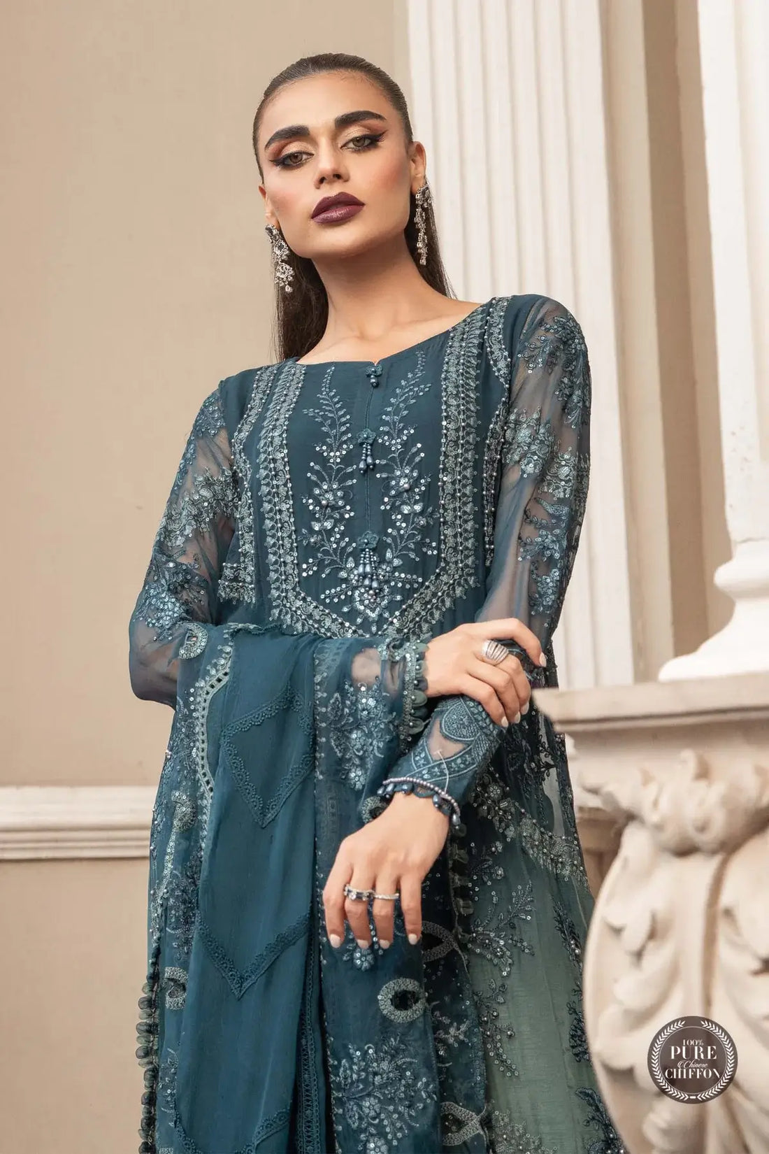 Maria B | Luxury Chiffon Collection | Teal Blue - by - Libasekhas UK - Registered Vendor of : Maria B - 100% Original Designer Dresss