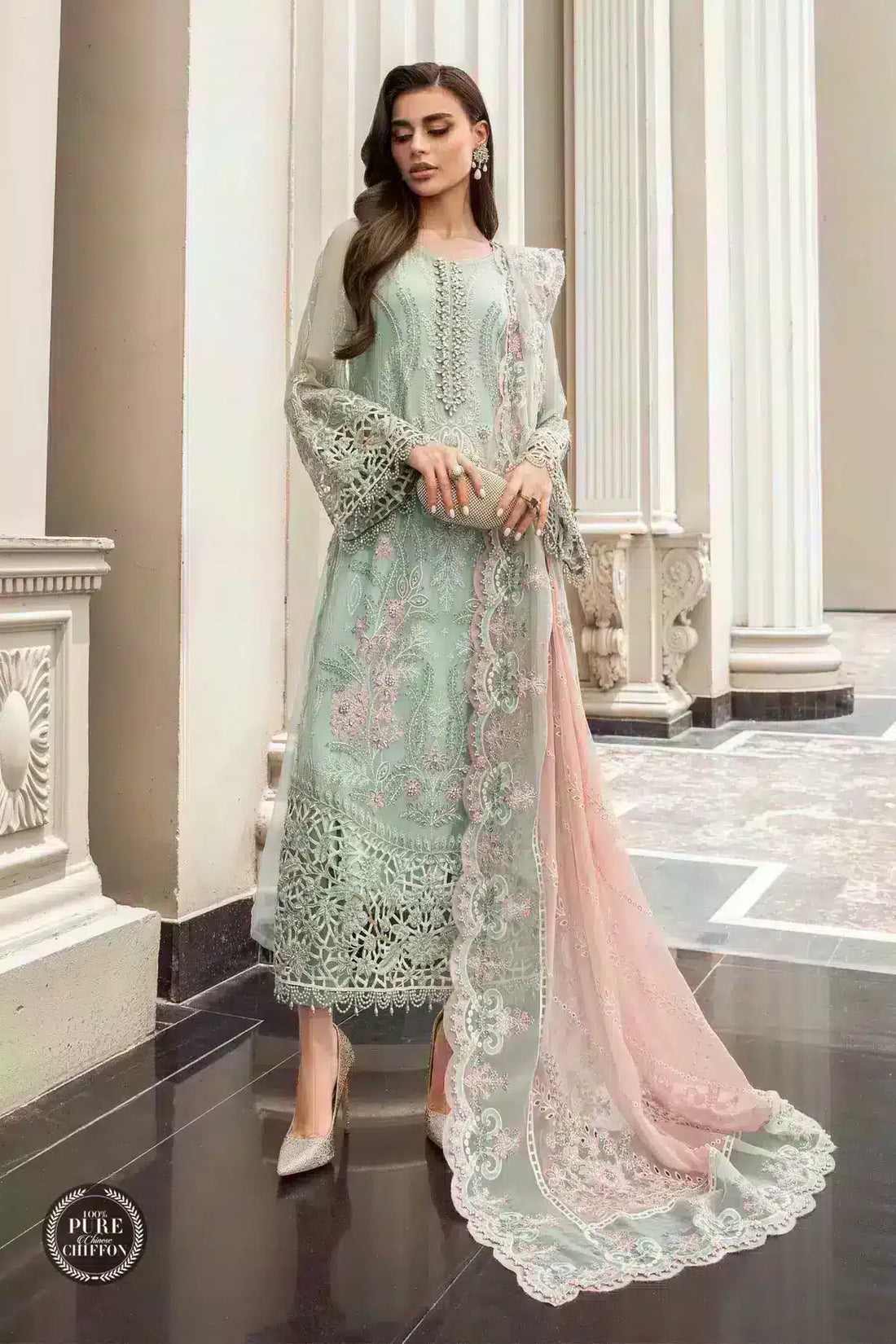 Maria B | Luxury Chiffon Collection | Mint Green - by - Libasekhas UK - Registered Vendor of : Maria B - 100% Original Designer Dresss