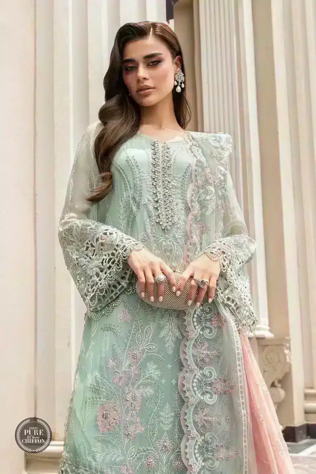 Maria B | Luxury Chiffon Collection | Mint Green - by - Libasekhas UK - Registered Vendor of : Maria B - 100% Original Designer Dresss
