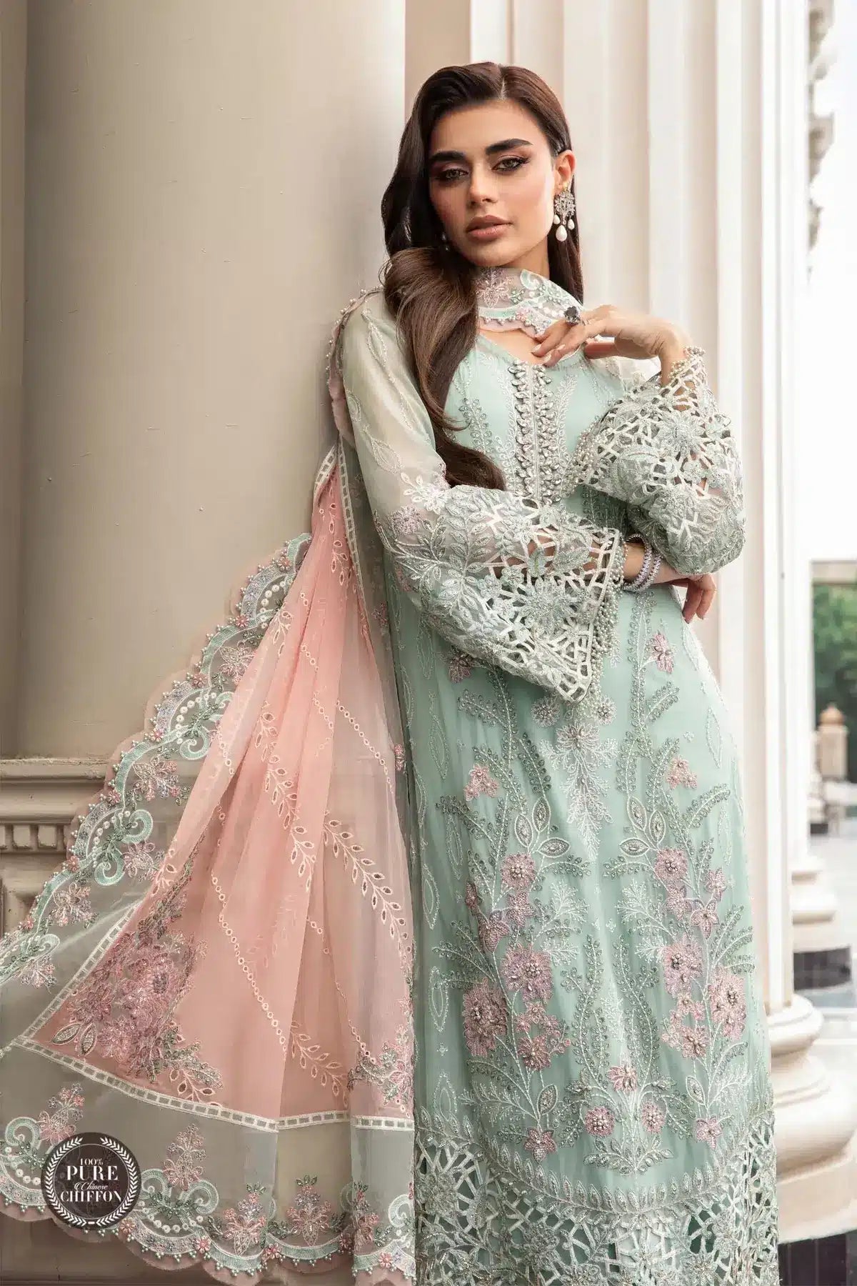Maria B | Luxury Chiffon Collection | Mint Green - by - Libasekhas UK - Registered Vendor of : Maria B - 100% Original Designer Dresss