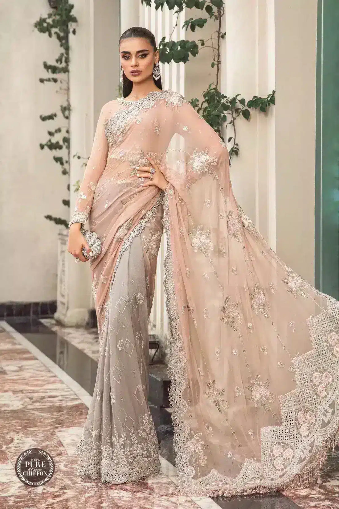 Maria B | Luxury Chiffon Collection | Peach And Grey - by - Libasekhas UK - Registered Vendor of : Maria B - 100% Original Designer Dresss