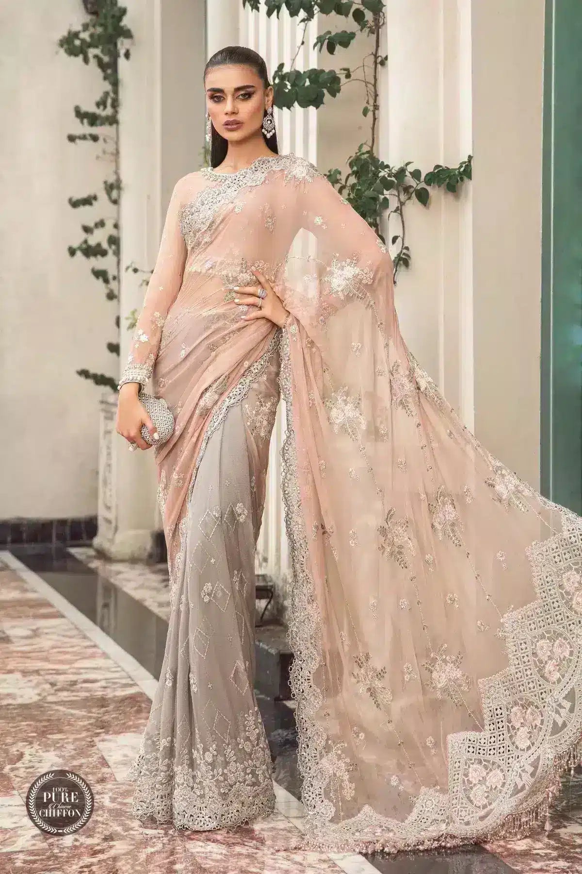 Maria B | Luxury Chiffon Collection | Peach And Grey - by - Libasekhas UK - Registered Vendor of : Maria B - 100% Original Designer Dresss