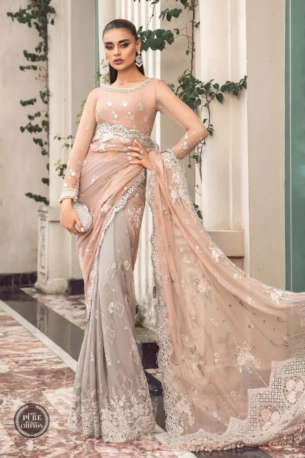 Maria B | Luxury Chiffon Collection | Peach And Grey - by - Libasekhas UK - Registered Vendor of : Maria B - 100% Original Designer Dresss