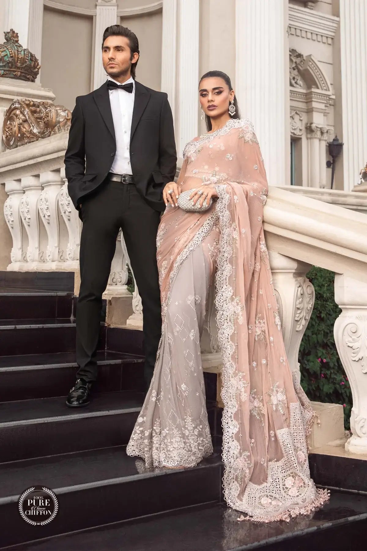 Maria B | Luxury Chiffon Collection | Peach And Grey - by - Libasekhas UK - Registered Vendor of : Maria B - 100% Original Designer Dresss