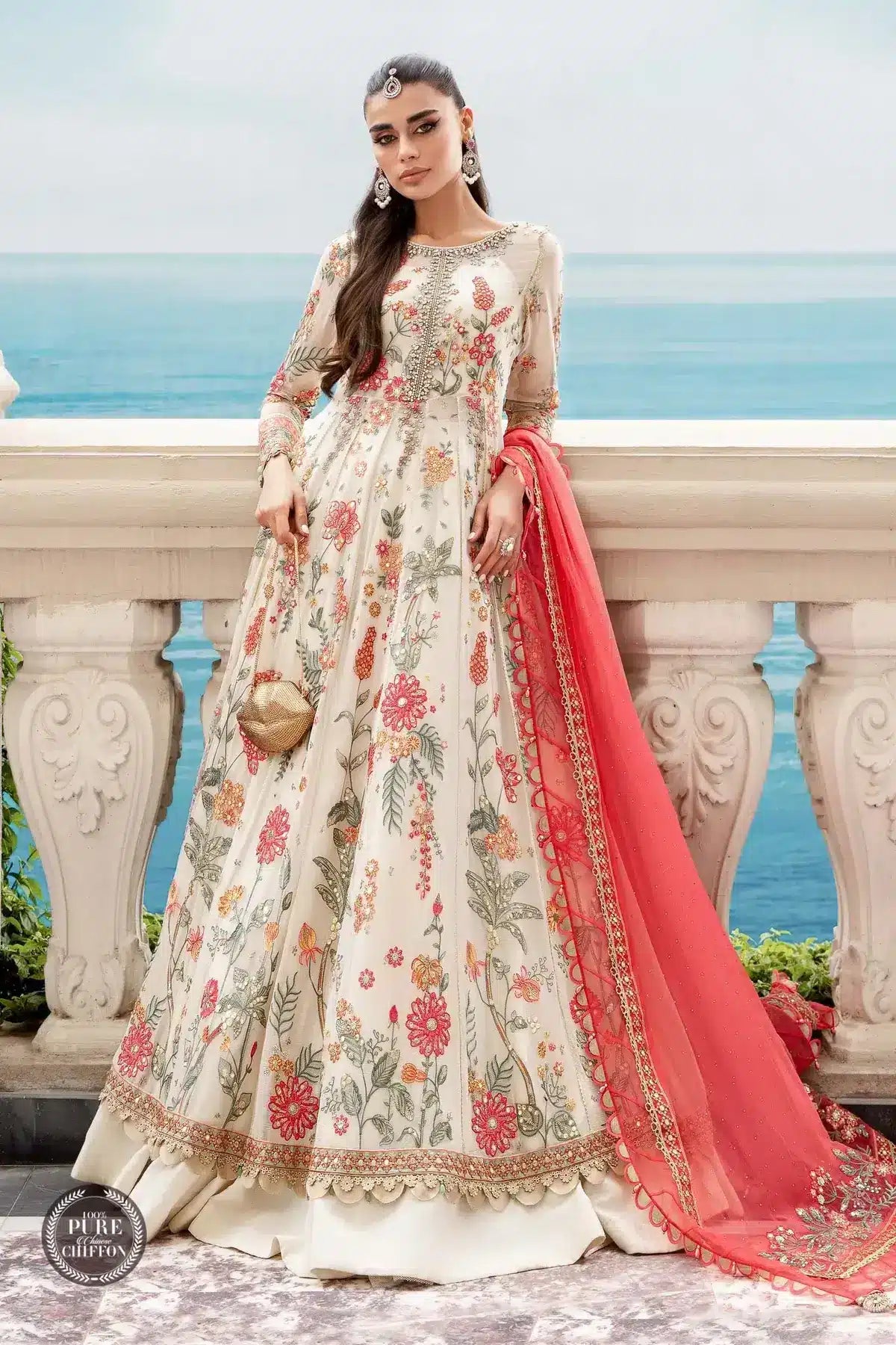 Maria B | Luxury Chiffon Collection | Cloud White Floral - by - Libasekhas UK - Registered Vendor of : Maria B - 100% Original Designer Dresss
