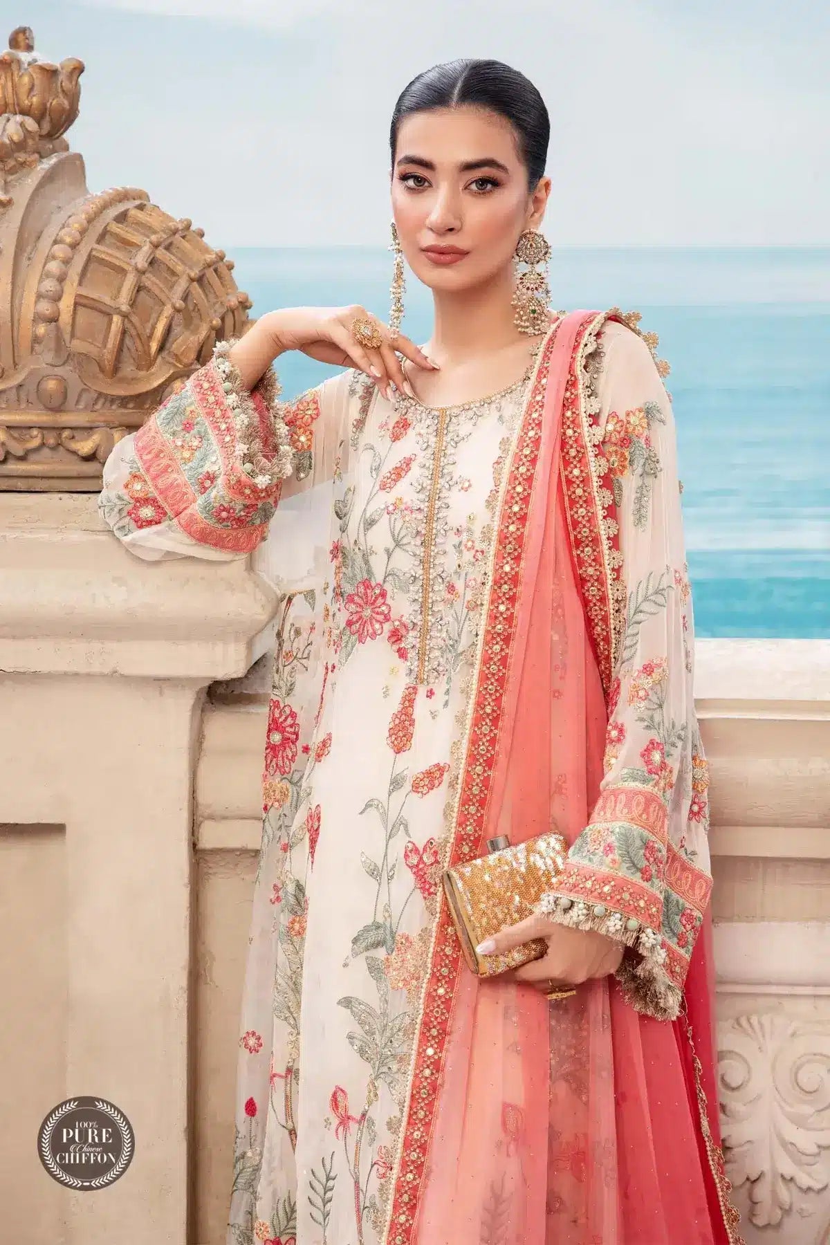 Maria B | Luxury Chiffon Collection | Cloud White Floral - by - Libasekhas UK - Registered Vendor of : Maria B - 100% Original Designer Dresss