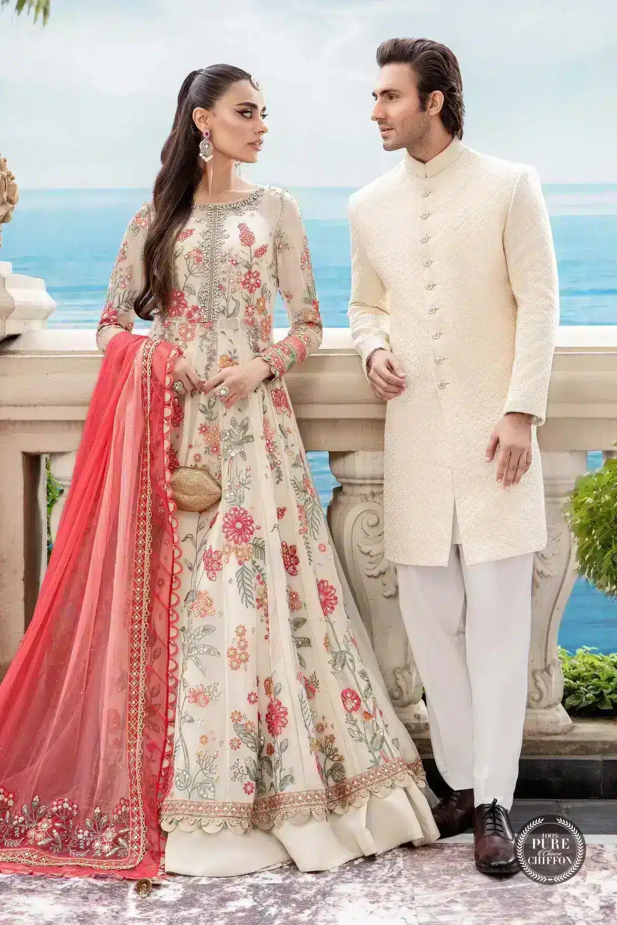 Maria B | Luxury Chiffon Collection | Cloud White Floral - by - Libasekhas UK - Registered Vendor of : Maria B - 100% Original Designer Dresss