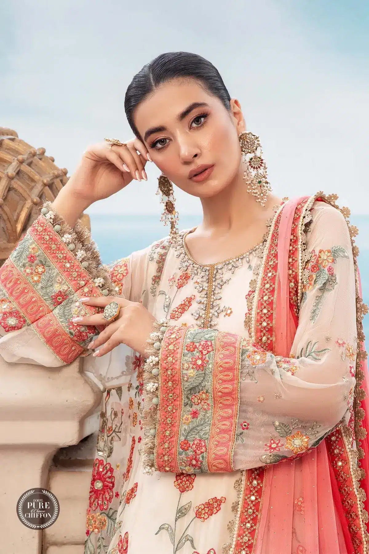 Maria B | Luxury Chiffon Collection | Cloud White Floral - by - Libasekhas UK - Registered Vendor of : Maria B - 100% Original Designer Dresss