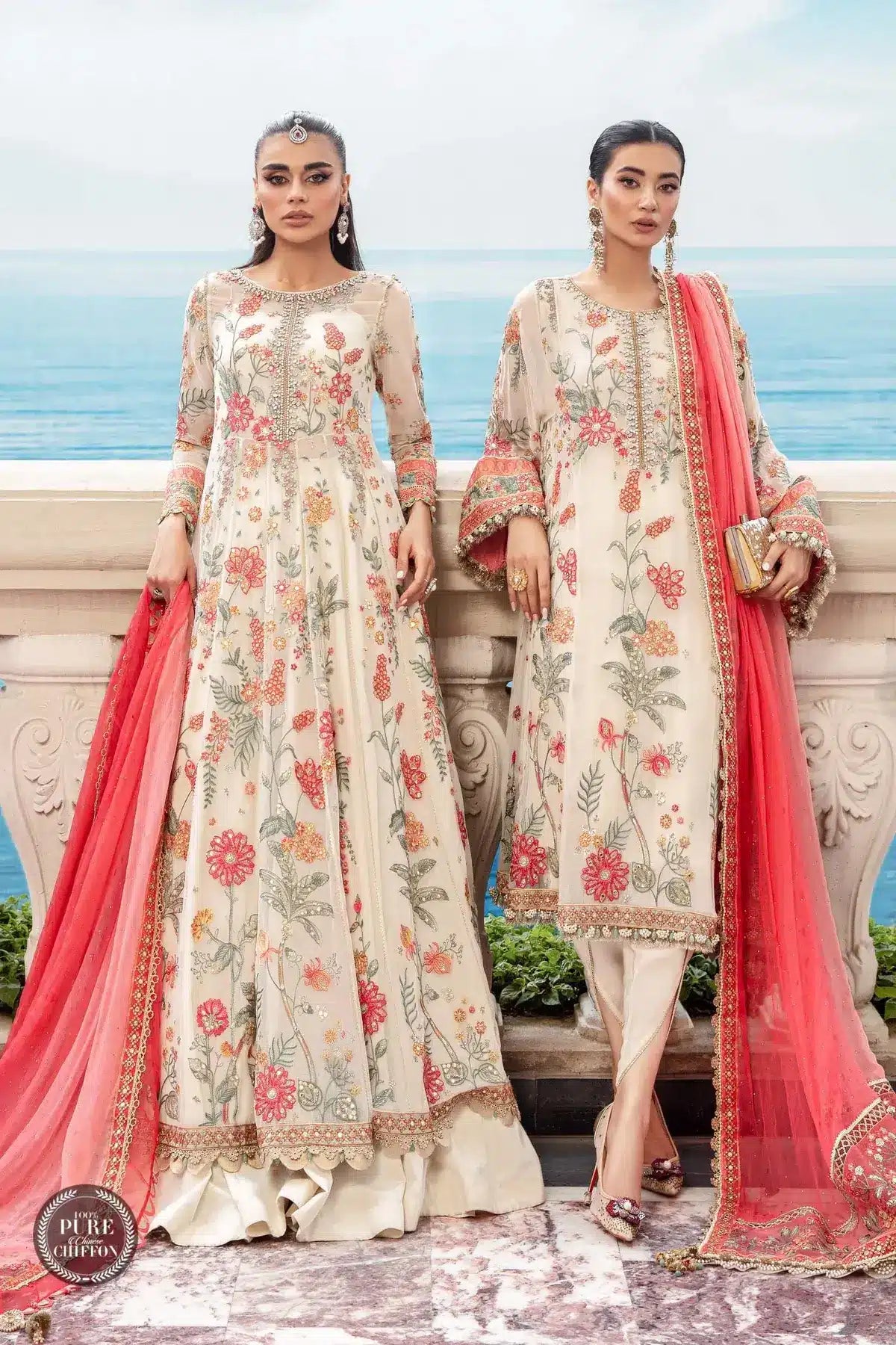 Maria B | Luxury Chiffon Collection | Cloud White Floral - by - Libasekhas UK - Registered Vendor of : Maria B - 100% Original Designer Dresss