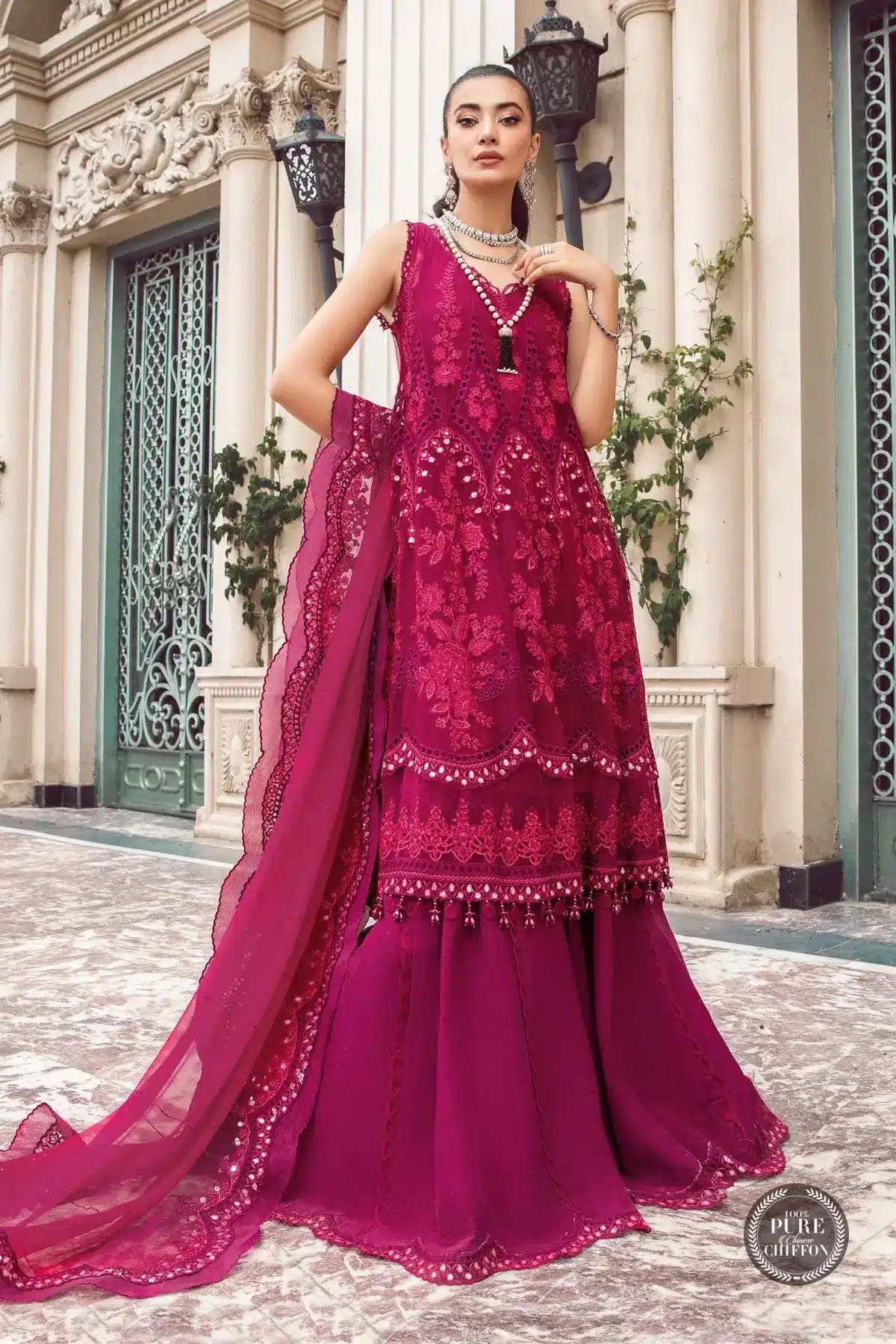 Maria B | Luxury Chiffon Collection | Magenta Pink - by - Libasekhas UK - Registered Vendor of : Maria B - 100% Original Designer Dresss