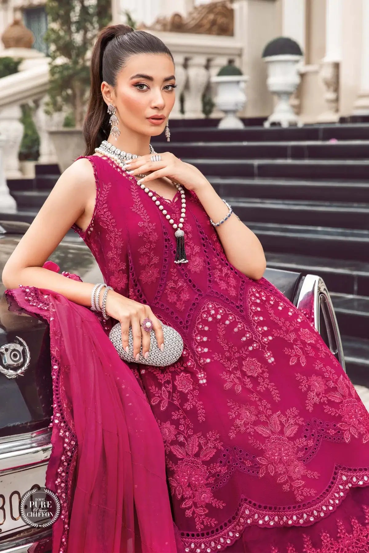 Maria B | Luxury Chiffon Collection | Magenta Pink - by - Libasekhas UK - Registered Vendor of : Maria B - 100% Original Designer Dresss