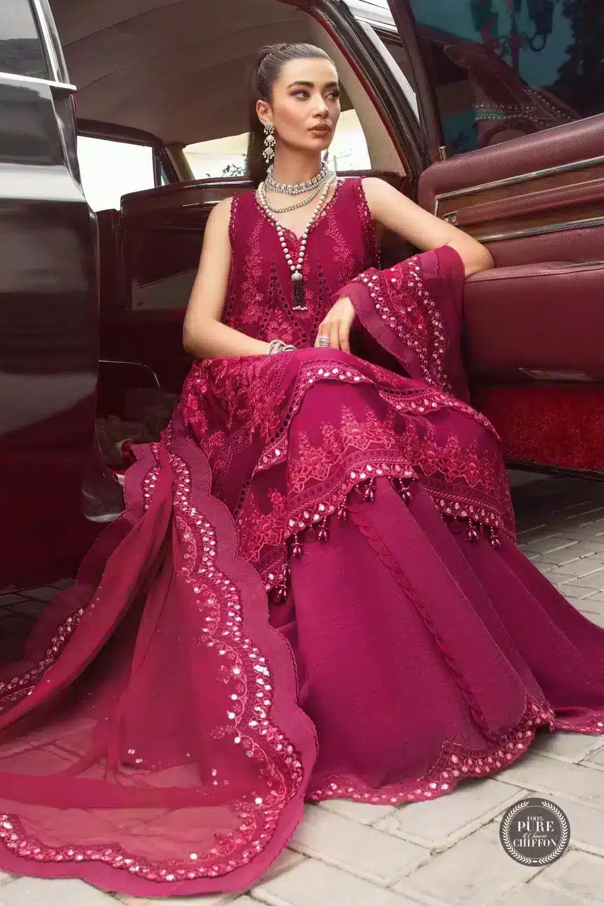 Maria B | Luxury Chiffon Collection | Magenta Pink - by - Libasekhas UK - Registered Vendor of : Maria B - 100% Original Designer Dresss