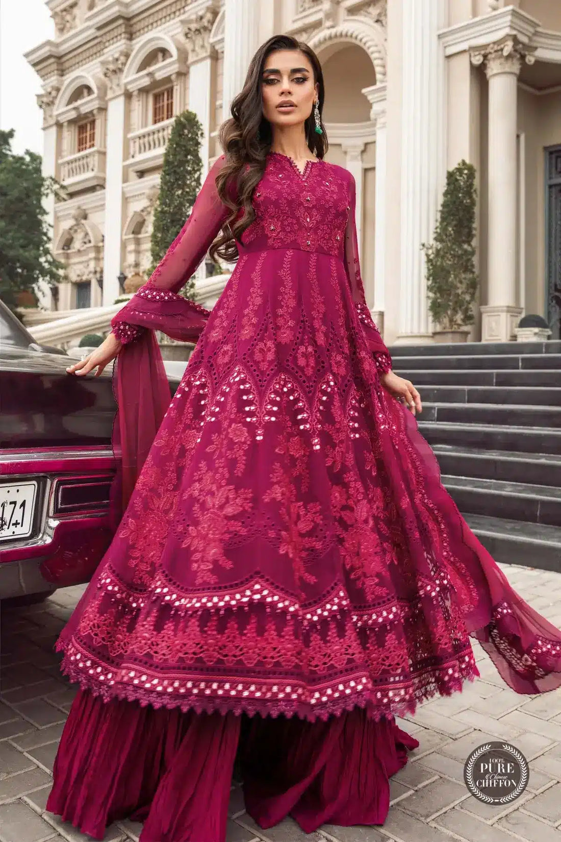 Maria B | Luxury Chiffon Collection | Magenta Pink - by - Libasekhas UK - Registered Vendor of : Maria B - 100% Original Designer Dresss