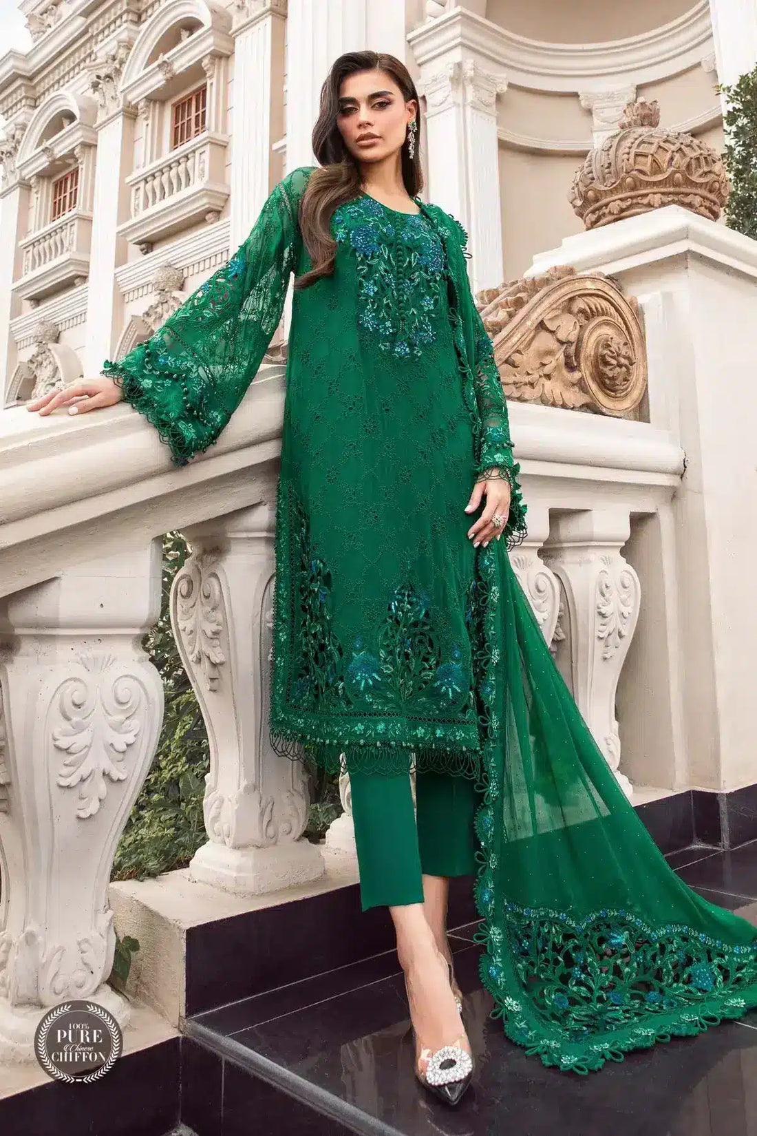 Maria B | Luxury Chiffon Collection | Emerald Green - by - Libasekhas UK - Registered Vendor of : Maria B - 100% Original Designer Dresss