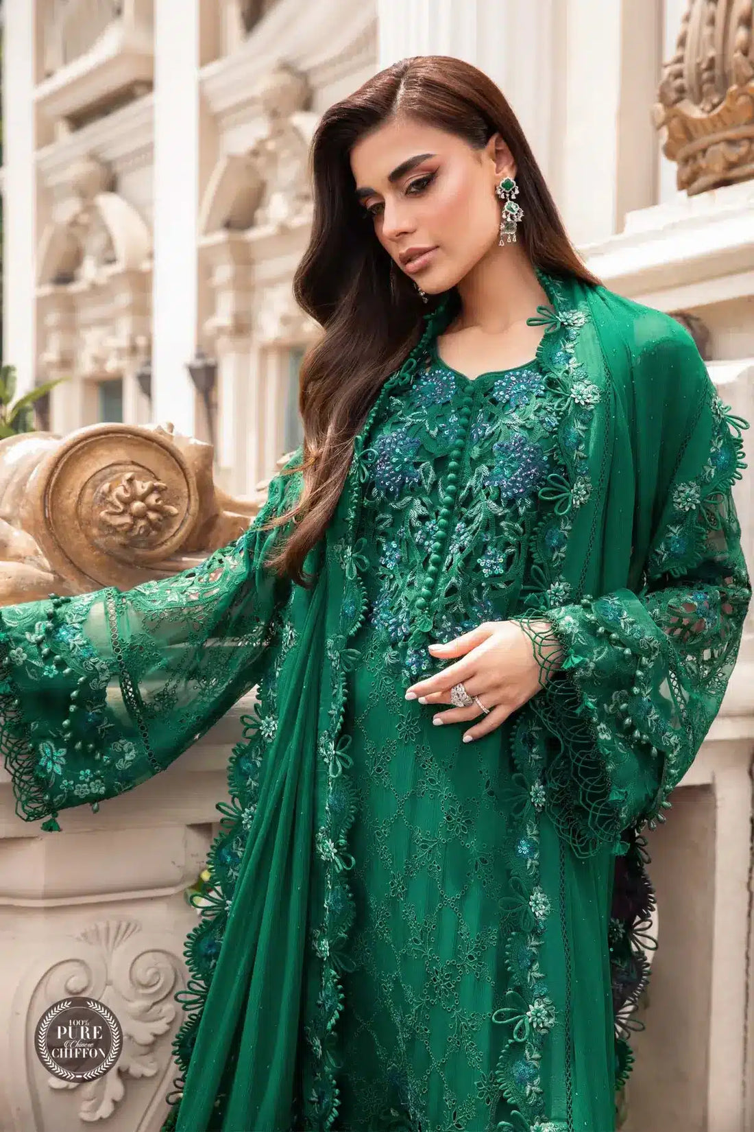 Maria B | Luxury Chiffon Collection | Emerald Green - by - Libasekhas UK - Registered Vendor of : Maria B - 100% Original Designer Dresss