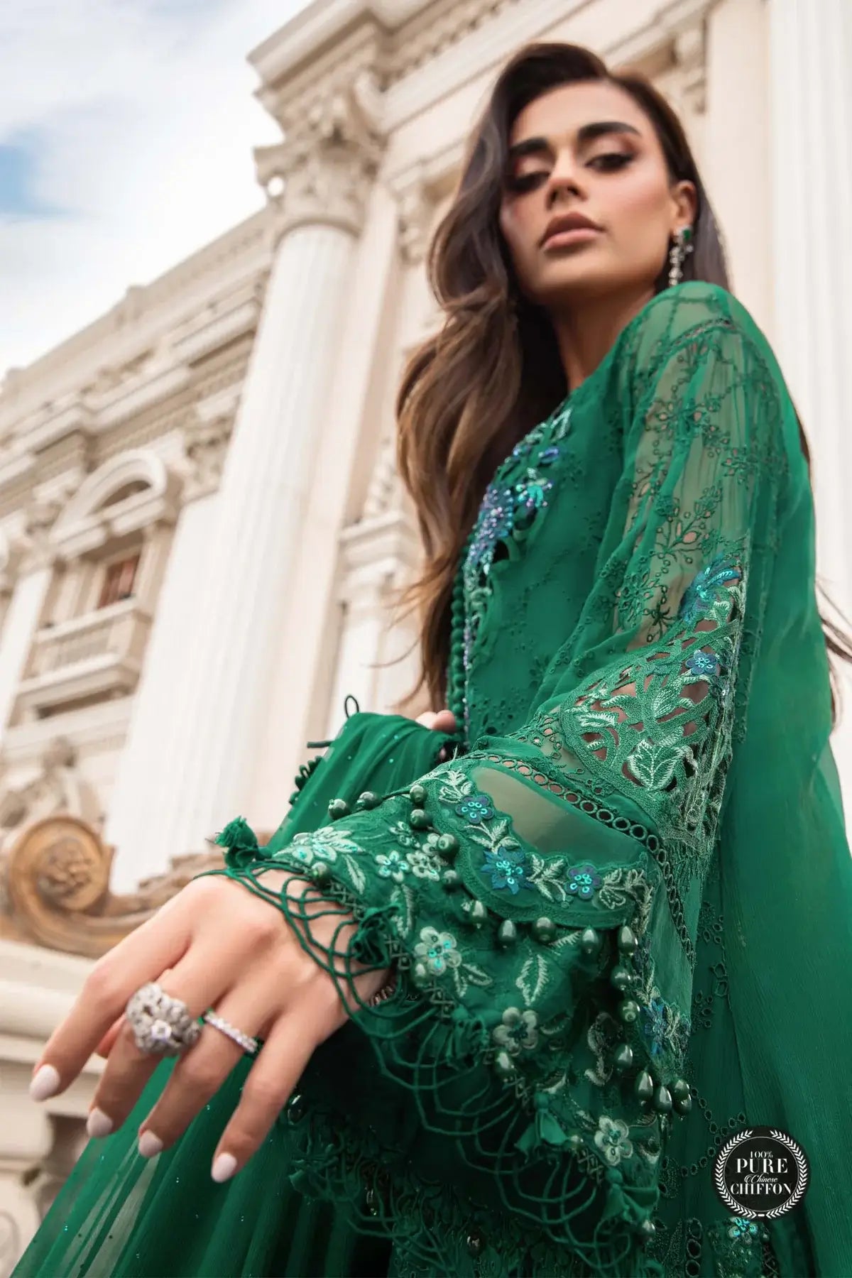 Maria B | Luxury Chiffon Collection | Emerald Green - by - Libasekhas UK - Registered Vendor of : Maria B - 100% Original Designer Dresss