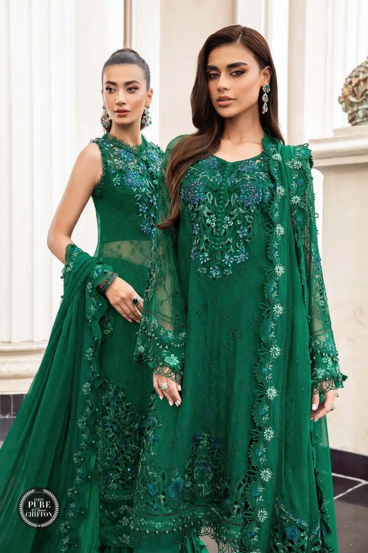 Maria B | Luxury Chiffon Collection | Emerald Green - by - Libasekhas UK - Registered Vendor of : Maria B - 100% Original Designer Dresss