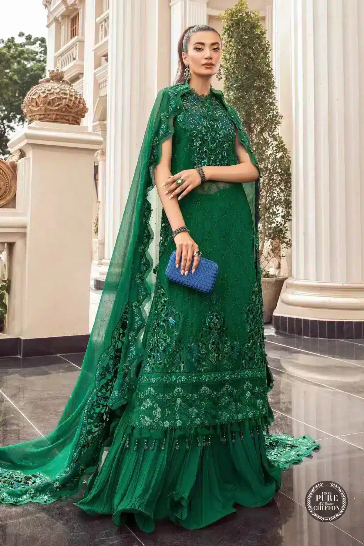 Maria B | Luxury Chiffon Collection | Emerald Green - by - Libasekhas UK - Registered Vendor of : Maria B - 100% Original Designer Dresss