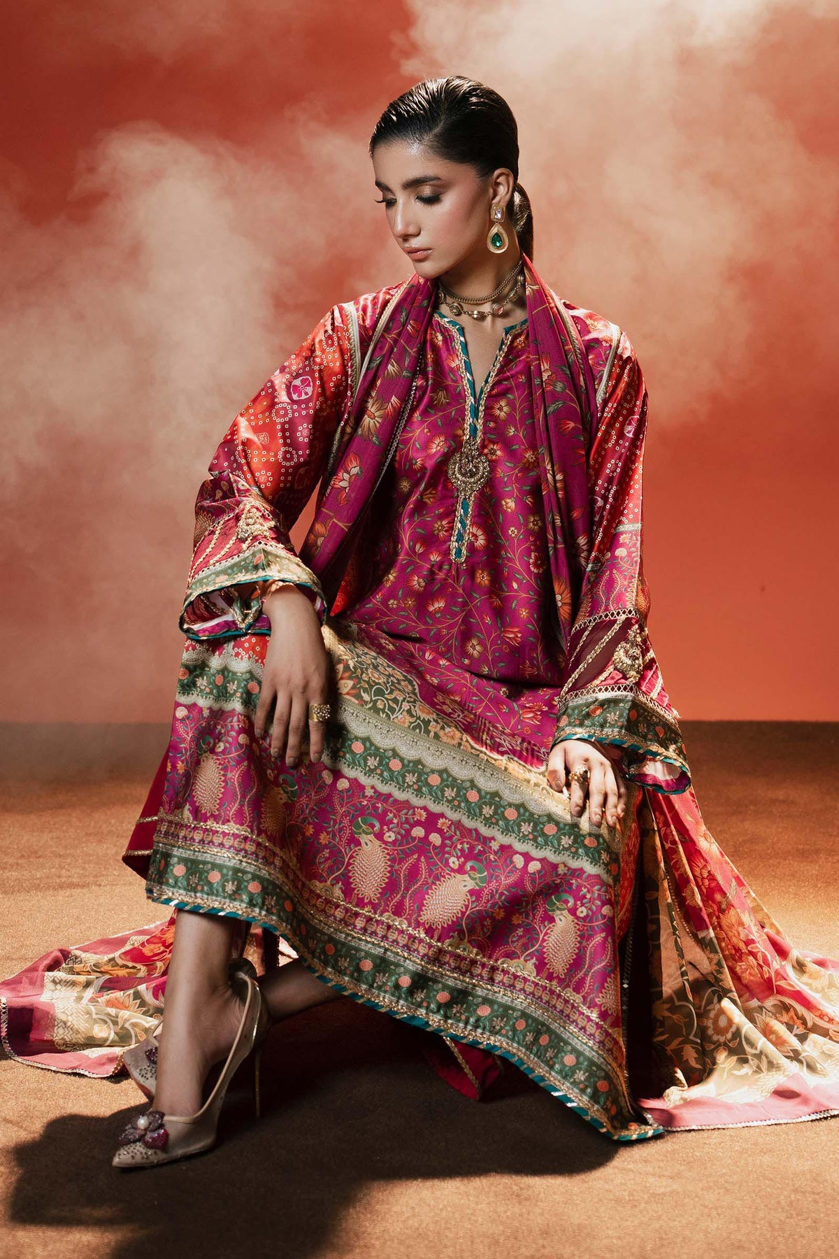 Maria B | Luxury Pret Pre Fall | MPS-EF26-01R1-Pink and Orange - by Libasekhas UK - Registered Vendor of : Maria B - 100% Original Designer Dress