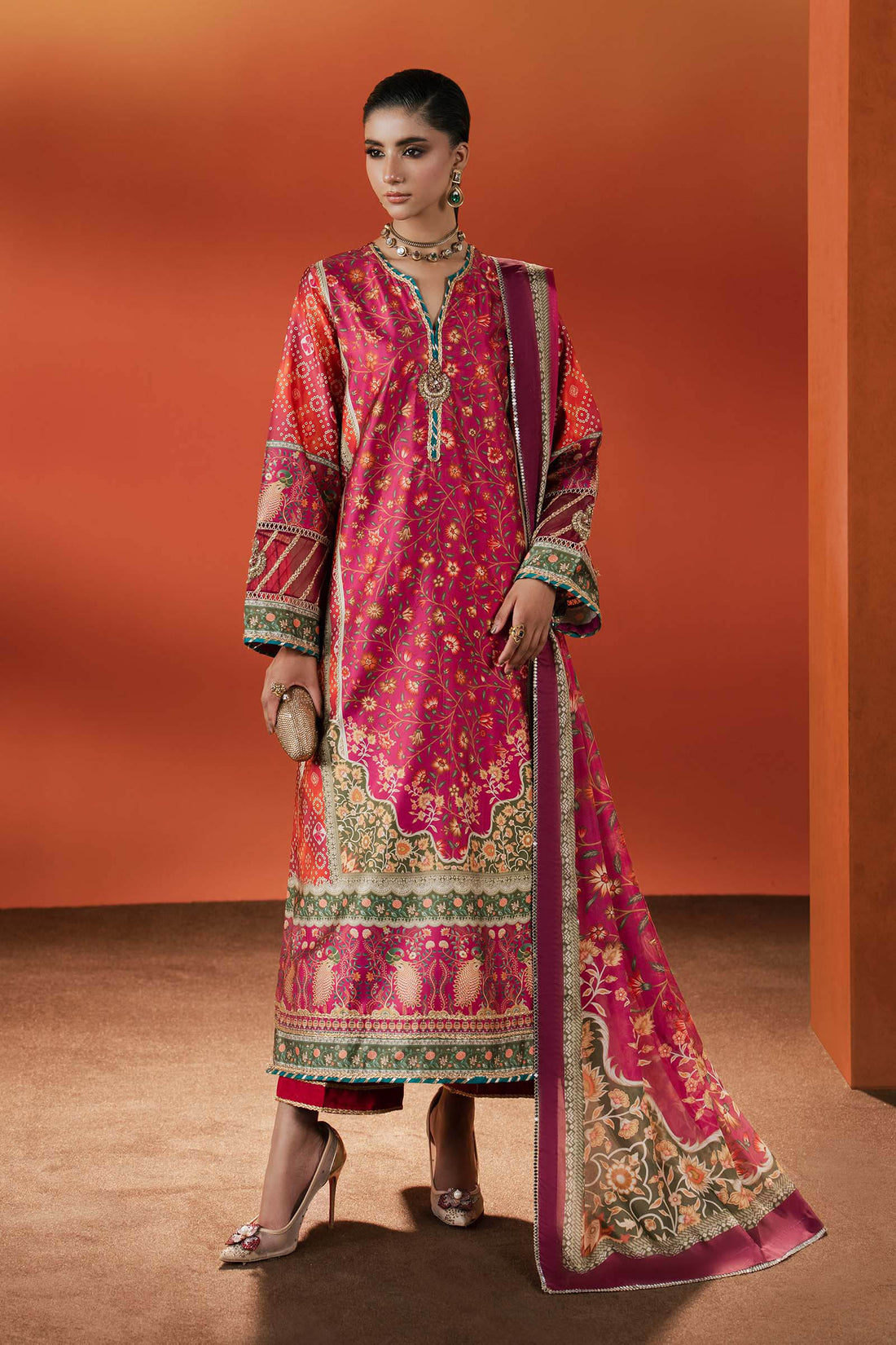 Maria B | Luxury Pret Pre Fall | MPS-EF26-01R1-Pink and Orange - by Libasekhas UK - Registered Vendor of : Maria B - 100% Original Designer Dress