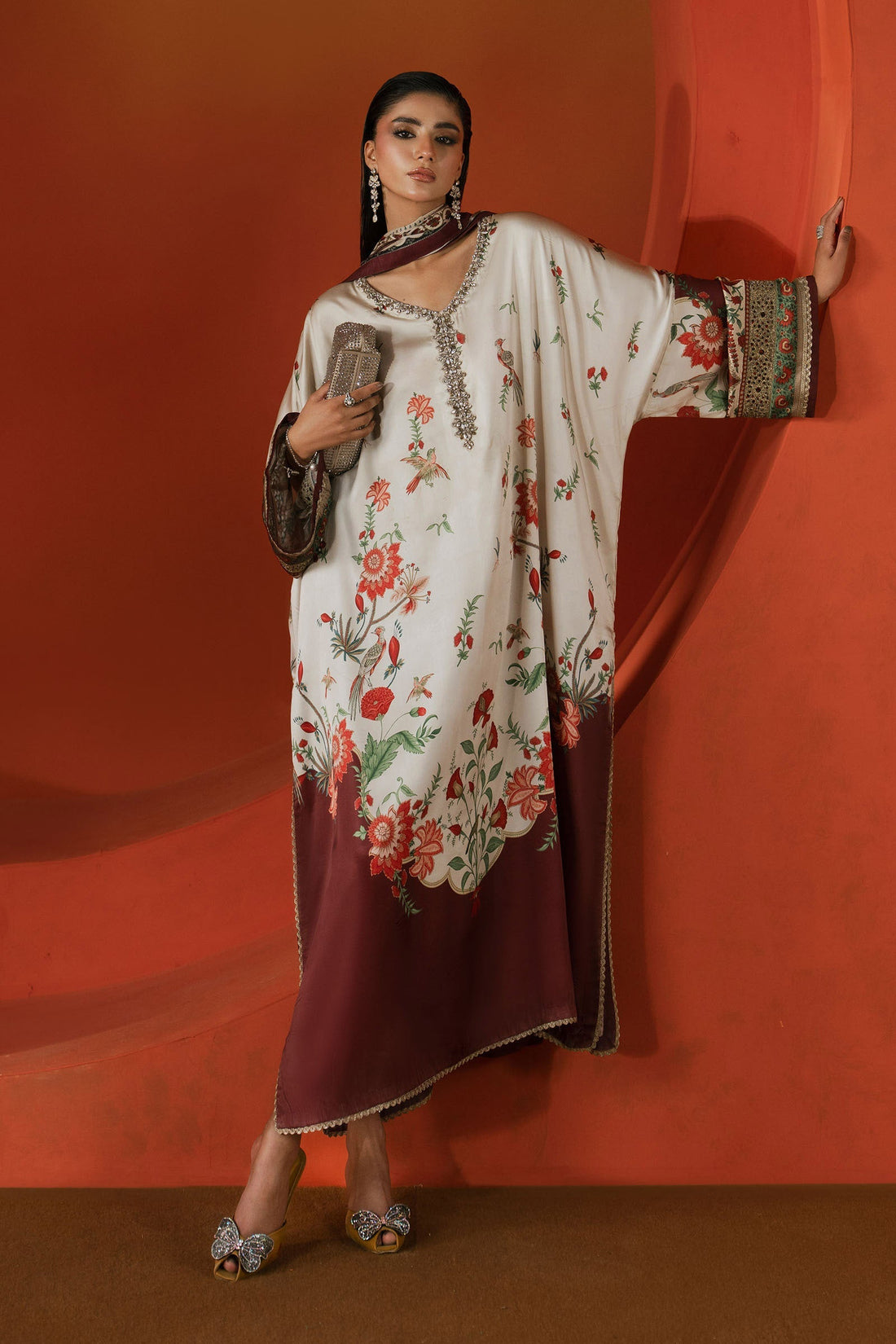 Maria B | Luxury Pret Pre Fall | MPS-EF26-03R1-Beige and Maroon - by Libasekhas UK - Registered Vendor of : Maria B - 100% Original Designer Dress