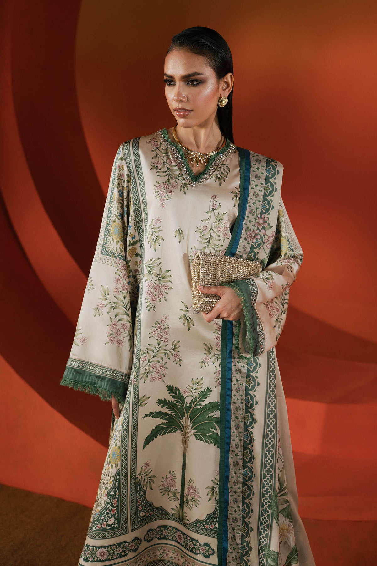 Maria B | Luxury Pret Pre Fall | MPS-EF26-10R1-Beige and Green - by Libasekhas UK - Registered Vendor of : Maria B - 100% Original Designer Dress