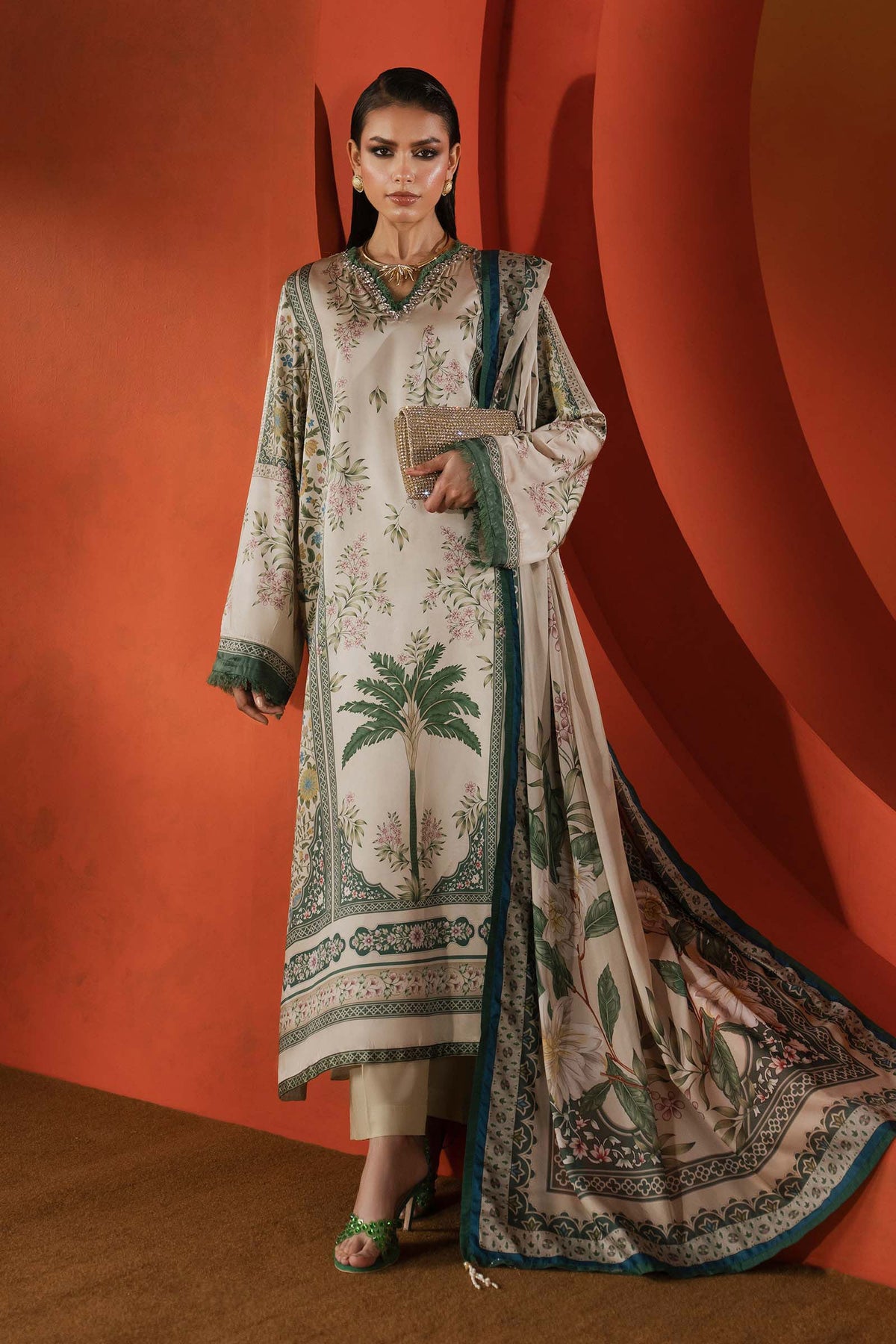 Maria B | Luxury Pret Pre Fall | MPS-EF26-10R1-Beige and Green - by Libasekhas UK - Registered Vendor of : Maria B - 100% Original Designer Dress