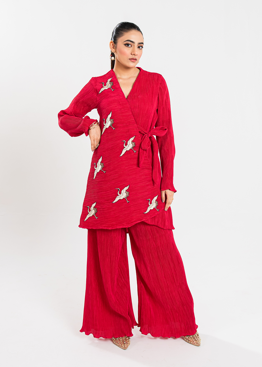 Maria Osama Khan | Claire Pleated Silk | Scarlet - by - Libasekhas UK - Registered Vendor of : Maria Osama Khan - 100% Original Designer Dresss