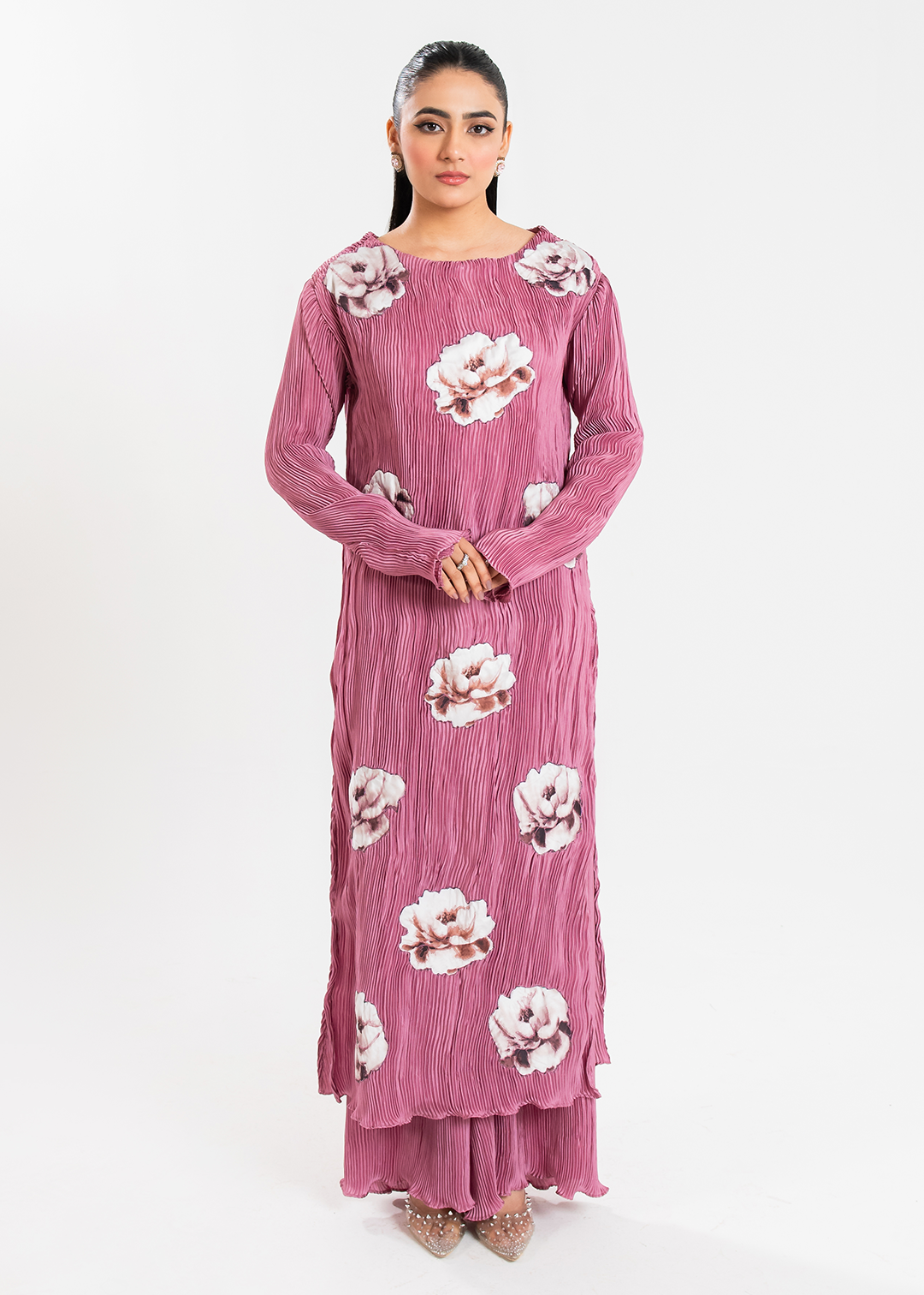 Maria Osama Khan | Claire Pleated Silk | Rosy - by - Libasekhas UK - Registered Vendor of : Maria Osama Khan - 100% Original Designer Dresss