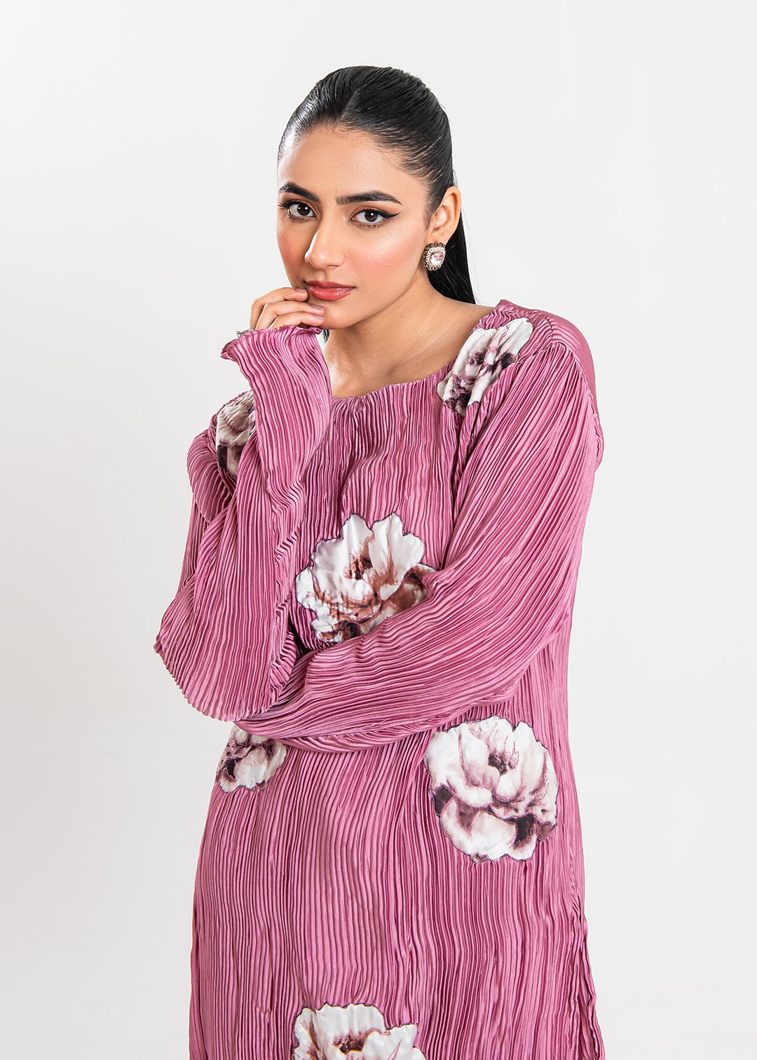 Maria Osama Khan | Claire Pleated Silk | Rosy - by - Libasekhas UK - Registered Vendor of : Maria Osama Khan - 100% Original Designer Dresss