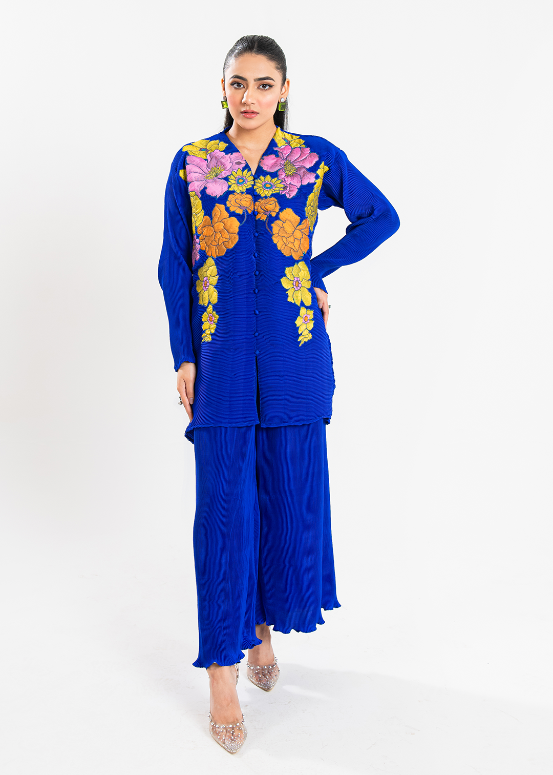Maria Osama Khan | Claire Pleated Silk | Azure - by - Libasekhas UK - Registered Vendor of : Maria Osama Khan - 100% Original Designer Dresss