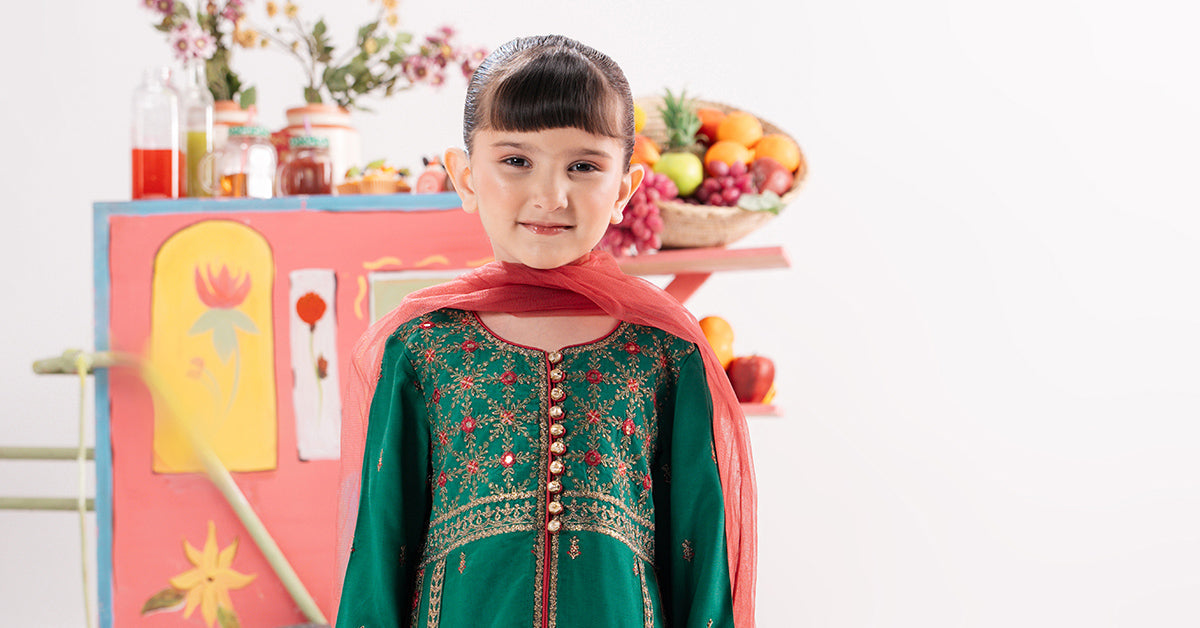 3 Piece Embroidered Raw Silk Suit - Kids Clothing - available at Maria Faisal in UK and USA.