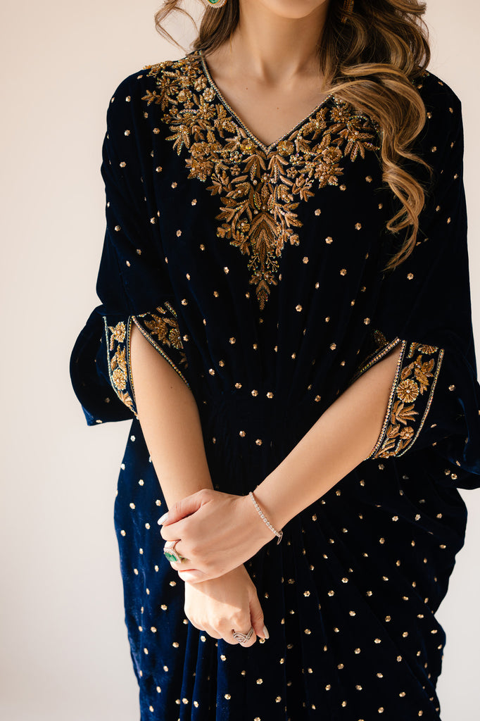 Sammy K | Velvet Festive Edit | Navy Blue Caftan - by - Libasekhas UK - Registered Vendor of : Sammy K - 100% Original Designer Dresss