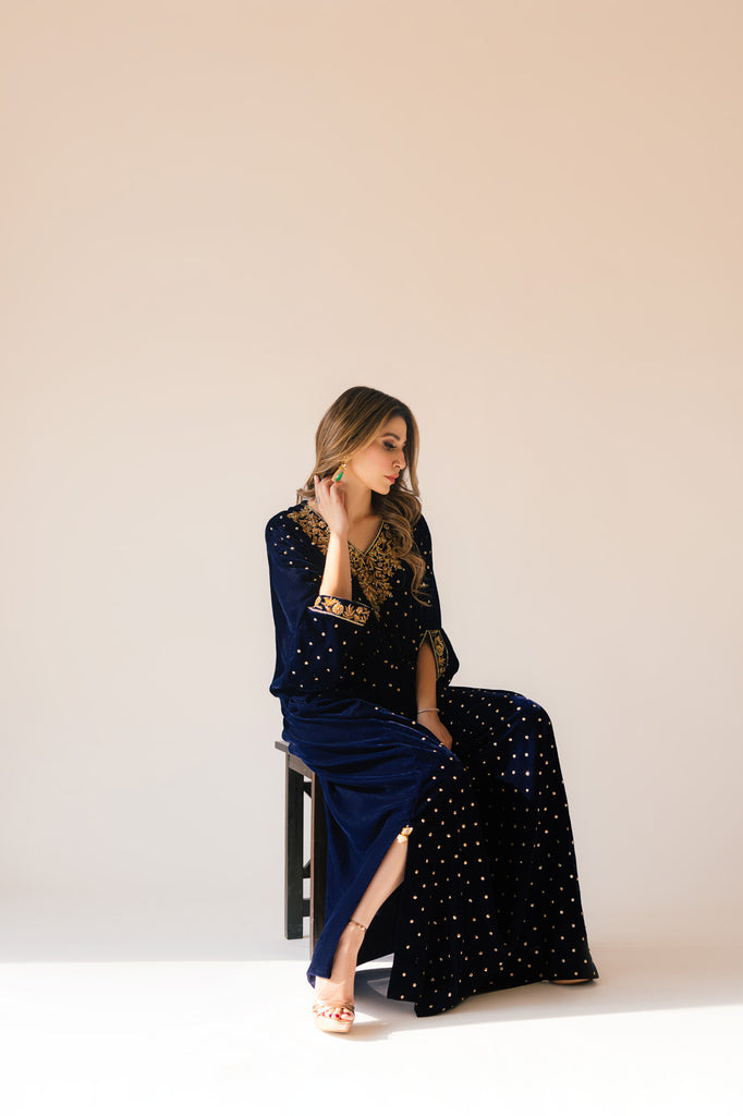 Sammy K | Velvet Festive Edit | Navy Blue Caftan - by - Libasekhas UK - Registered Vendor of : Sammy K - 100% Original Designer Dresss