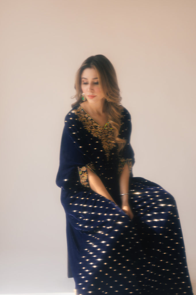 Sammy K | Velvet Festive Edit | Navy Blue Caftan - by - Libasekhas UK - Registered Vendor of : Sammy K - 100% Original Designer Dresss
