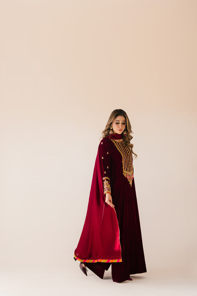 Sammy K | Velvet Festive Edit | Maroon Maxi velvet Outfit - by - Libasekhas UK - Registered Vendor of : Sammy K - 100% Original Designer Dresss