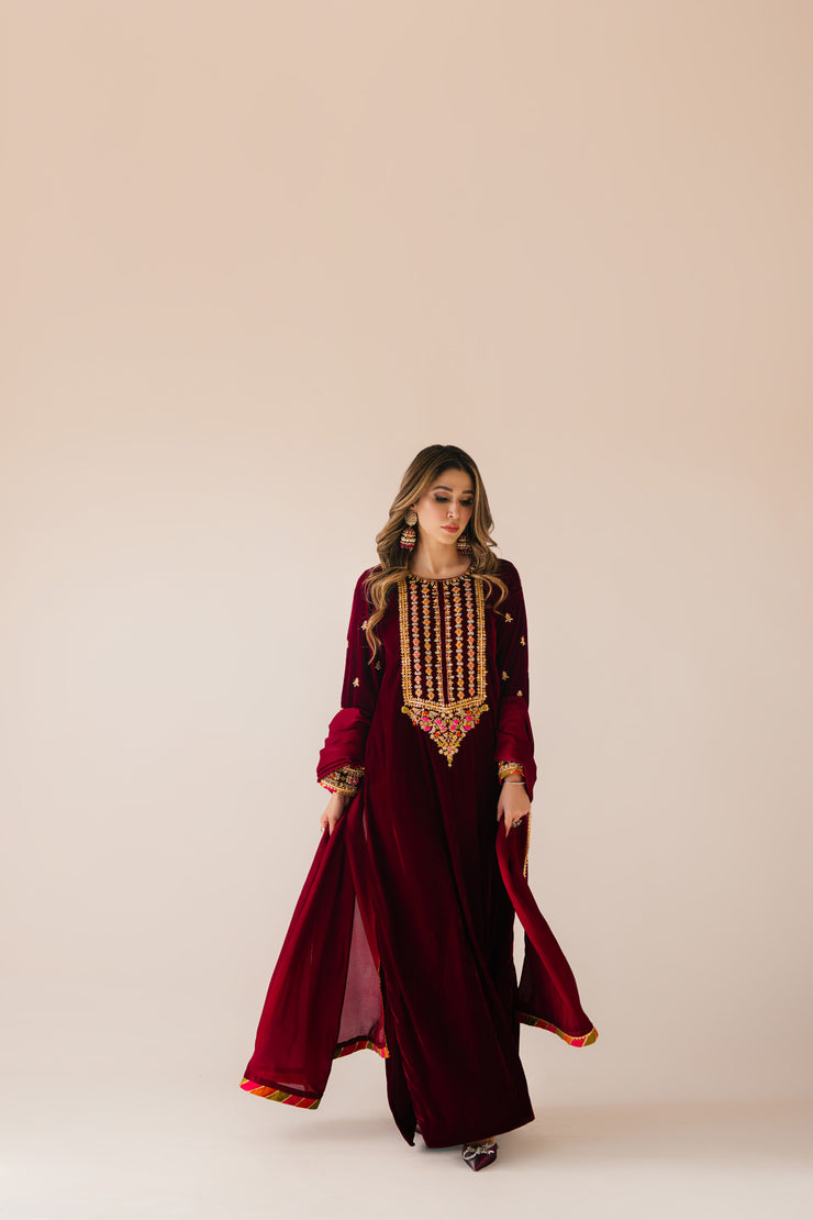 Sammy K | Velvet Festive Edit | Maroon Maxi velvet Outfit - by - Libasekhas UK - Registered Vendor of : Sammy K - 100% Original Designer Dresss