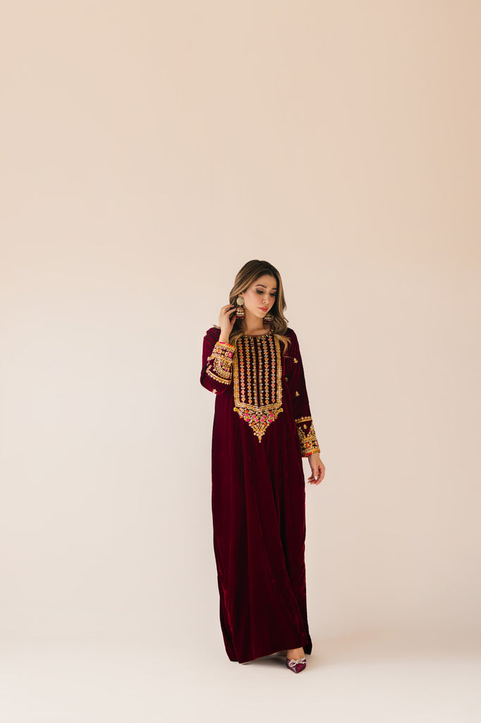 Sammy K | Velvet Festive Edit | Maroon Maxi velvet Outfit - by - Libasekhas UK - Registered Vendor of : Sammy K - 100% Original Designer Dresss