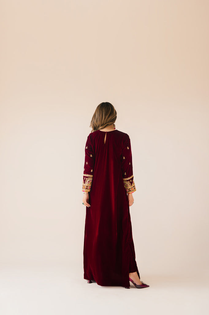 Sammy K | Velvet Festive Edit | Maroon Maxi velvet Outfit - by - Libasekhas UK - Registered Vendor of : Sammy K - 100% Original Designer Dresss